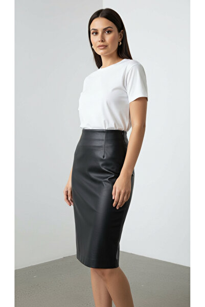 Curly Black Leather Pencil Skirt