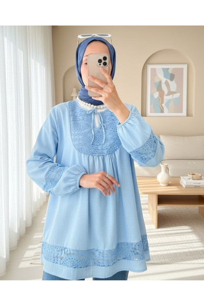 HİJABAYA Πουκάμισο με λεπτομέρεια από δαντέλα, δεμένο στο λαιμό και ελαστικό ...