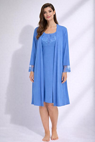 AYYILDIZ 3927 Blue Maternity Nightgown Dressing Gown Set
