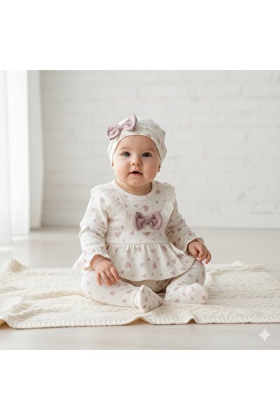 MİNİBORN Cotton Heart Printed Bowknot 3-Piece Baby Girl Set
