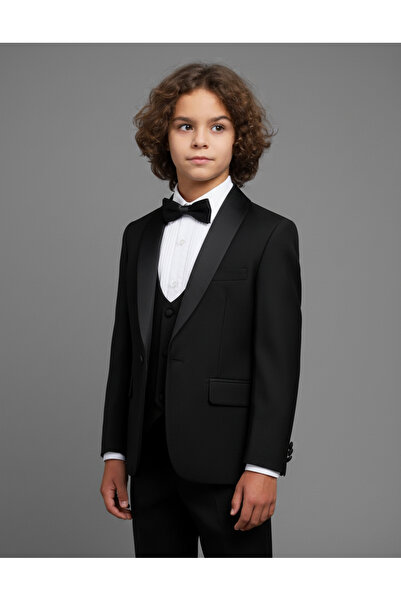 Doctor junior Erkek Çocuk Yelekli Siyah Renk Siyah Saten Yaka Detaylı Smokin Takım Elbise