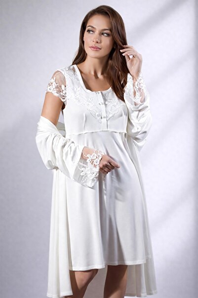 AYYILDIZ 3927 Ecru Maternity Nightgown Dressing Gown Set