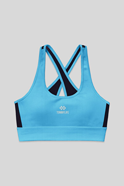 TOMMY LIFE Turkuaz Çapraz Sırt Detaylı Slim Fit U Yaka Pedli Kadın Spor Büsti...