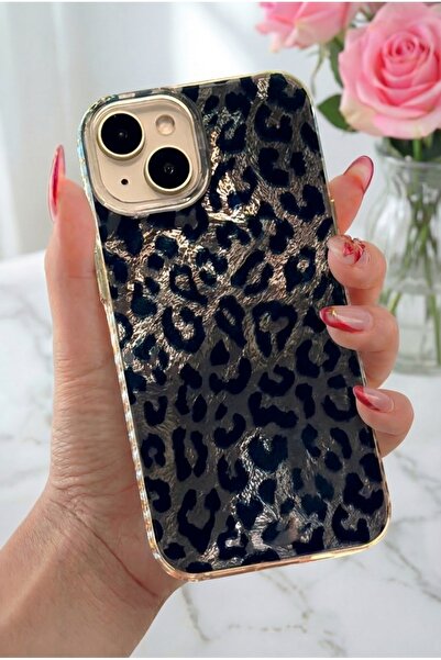 Fibaks iPhone 13/14/15 Kılıf Hologramlı Siyah Leopar Desenli Darbe Emici Kamera Korumalı Silikon
