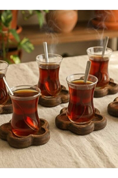 Ahşap Teslim Dekoratif Çiçek Formlu Ahşap Bardak Altlığı 6 Adet - Doğal Ceviz...