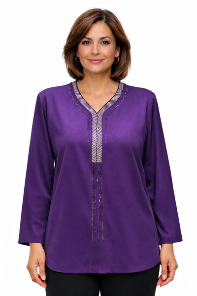 BURSPA Зручний крій, V-подібний виріз, фіолетова жіноча бавовняна блузка