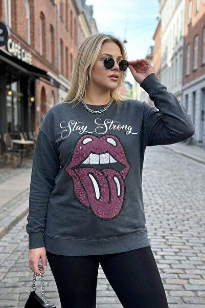 Stil Diva Hanorac lavabil cu imprimeu cu decolteu - Detaliat cu paiete, Plus Size 301252