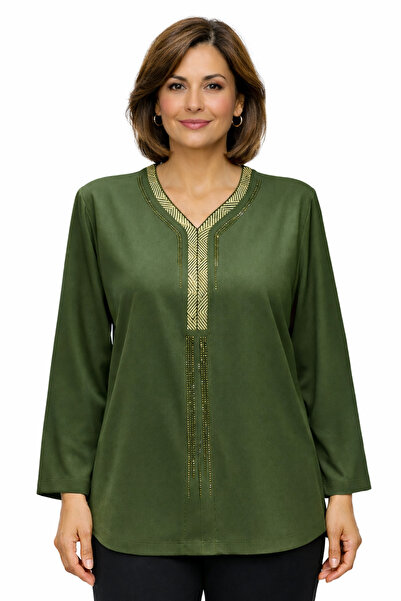 BURSPA Χαλαρή κοπή V-λαιμόκοψη Χακί Mother Γυναικεία χτενισμένη βαμβακερή μπλ...