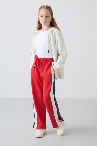 TOMMY LIFE Açık Kırmızı Yırtmaç Detaylı Cepli Geniş Paça Kız Çocuk Eşofman Al...