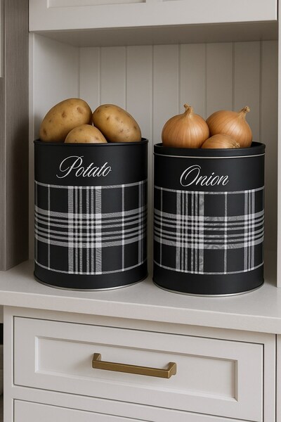 decorev PATATES SOĞAN KOVASI SİYAH EKOSE DESEN METAL