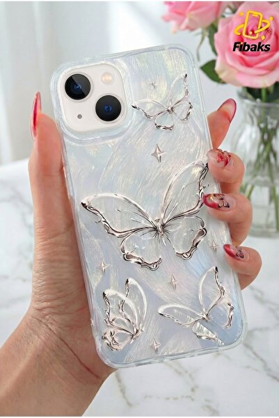 Fibaks İphone 13 - 14 - 15 Uyumlu Kılıf Tüylü Hologram Kelebek Desenli Darbe Emici Kamera Korumalı Silikon
