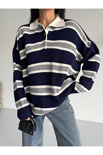LaliCo Striped Buttoned Polo Neck Navy Blue Knit Blouse