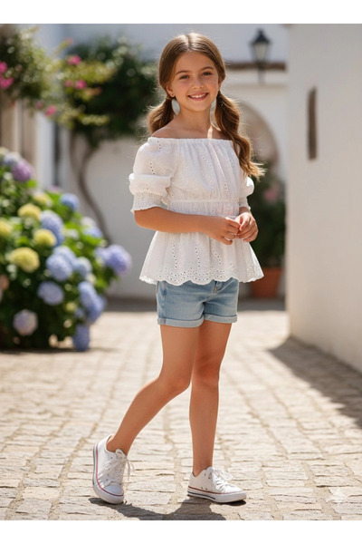 nk kids Nk 8-14 Years Old Volanlı Güpür Bluz White