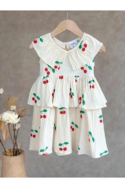 Orca Kids Fashion 2-8 Yaş Kiraz Detay Yakalı Elbise