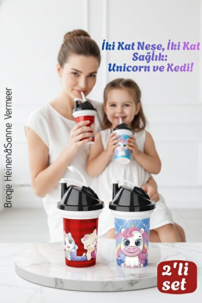Transformacion Çocuk Pipetli Bardak Seti 2'li Unicorn & Kedi Figürlü İkili Eğlenceli Kapaklı Suluk Matara 300 ml