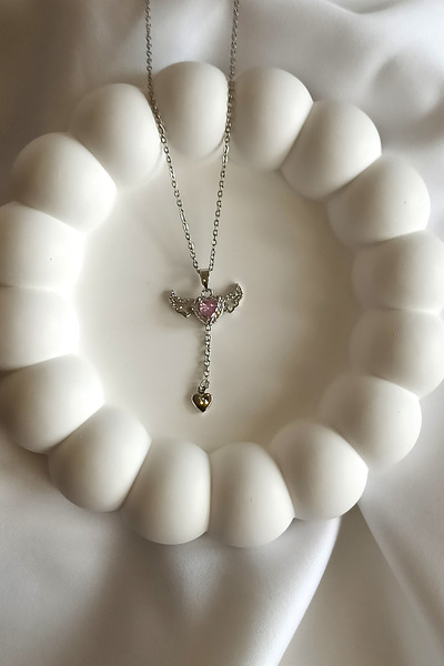 Tilde Pink Zircon Stone Movable Angel Wing Heart Necklace 316L Stainless Steel Romantic Gift