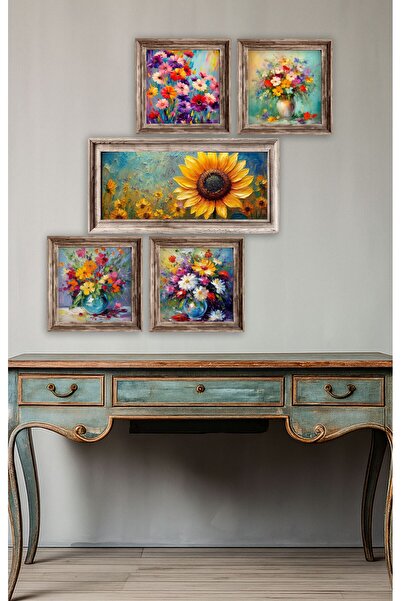 UNT Renkli Çiçek Desenli UV Baskı MDF Tablo Seti – 5 Parça Modern Duvar Dekor...