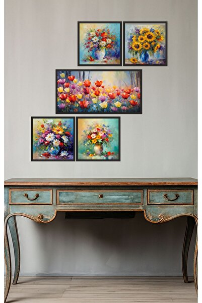 UNT Set de pictură MDF cu imprimare UV cu model de flori colorate – 5 piese Decor modern de perete