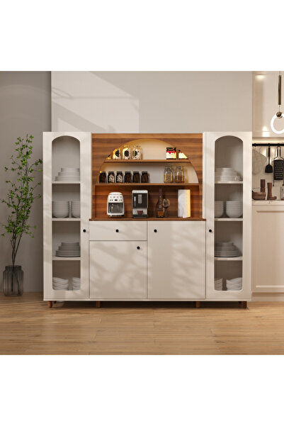 klubeconcept İnci Camlı LED’li Kahve Ünitesi %100 MDF Membran Çok Amaçlı Mutf...