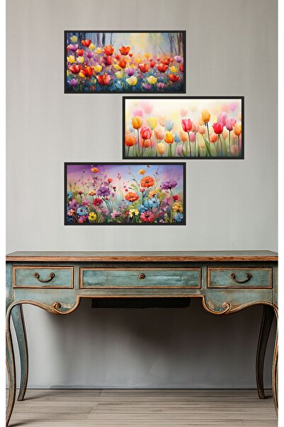 UNT Set de pictură MDF cu imprimare UV cu model de flori colorate – 3 piese Decor modern de perete