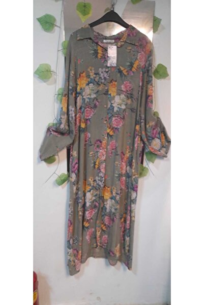 buğse İtalyan Keten Çiçek Desenli Önden Düğmeli Elbise