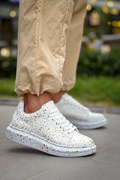 Zapatos حذاء رياضي رجالي من KB-X500 برباط ذهبي مطبوع من الجلد CBT - أبيض