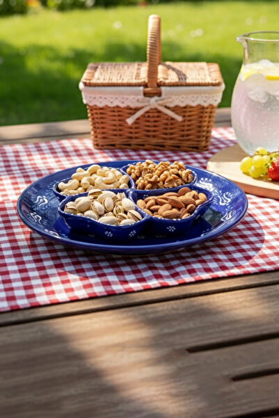 EVCİME El Yapımı Mavi Çini Desenli Dört Bölmeli Servis Tabağı