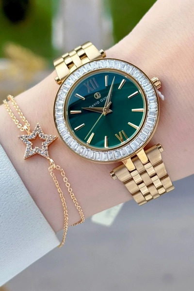 DAVID GUNER Green Dial Gold Color Band 34 mm Women's Wristwatch and Bracelet Dgiste112