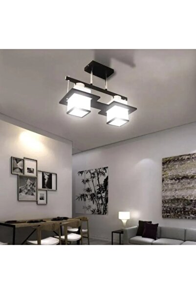 OEM Classic Aramis Chandelier with Wood Square Lampshade 2X E27 Black White