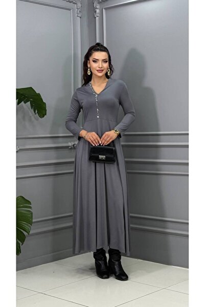 Genesis cannes Long Sleeve Buttoned V-Neck Gray Dress
