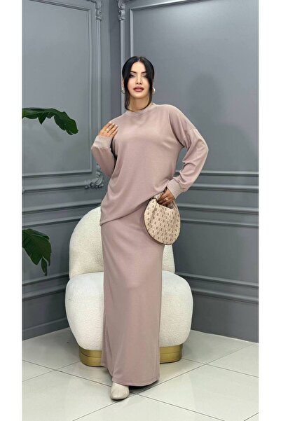 Cannes Beige Two-Piece Set with Long Sleeves, Skirt, and Shirt Long Dress