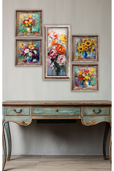 UNT Renkli Çiçek Desenli UV Baskı MDF Tablo Seti – 5 Parça Modern Duvar Dekor...