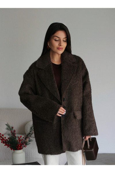 Julidress Kahve Özel Dokulu(Sakallı) Çift Cepli Oversize Premium Blazer Kaşe ...