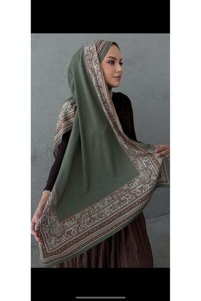 Mako Khaki Green with Beige Ethnic Detail in the Center, Solid Color Shawl