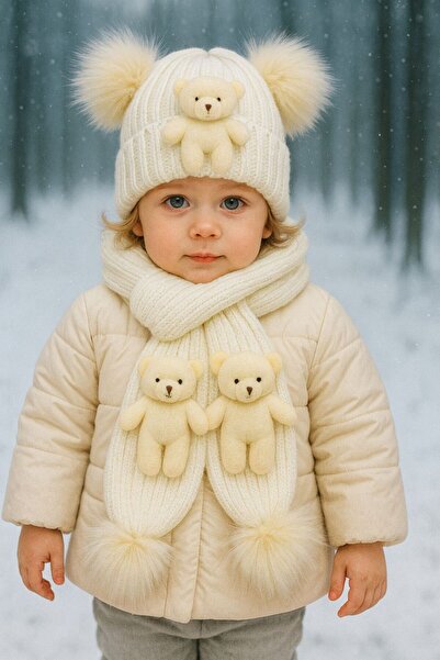 ues KREM AYICIKLI VE PONPONLU TRİKO ATKI BERE