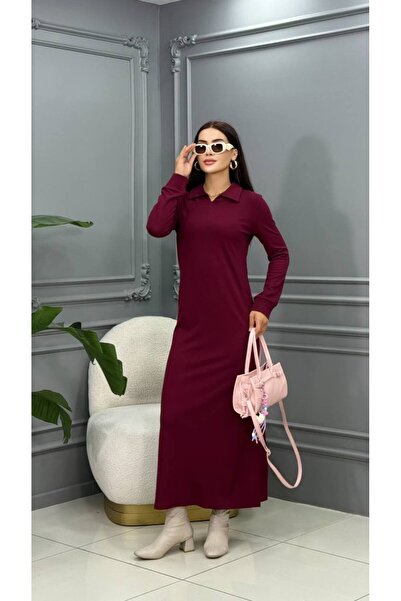Genesis cannes Uzun Kollu Gömlek Yakalı Bordo Uzun Elbise