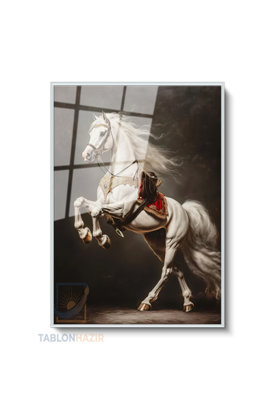 tablonhazır Dikey Çerçeveli Cam Beyaz Asil At Modern Ev Dekoru Duvar Sanatı E...