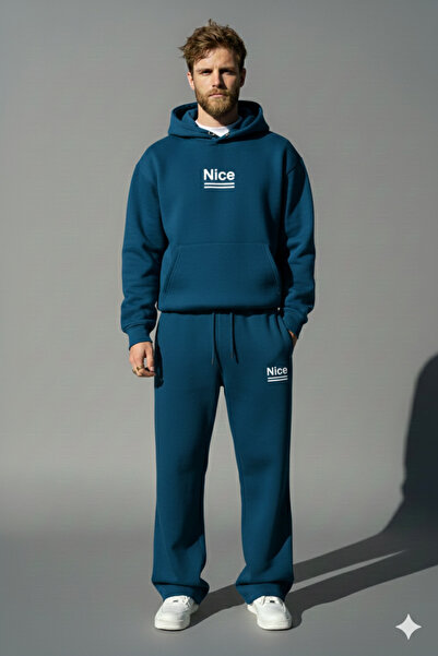 NİCE Baskılı Oversize Baggy Eşofman Takımı-Kışlık Kalın 3iplik Şardonlu Bol Paça Sweat-Alt Üst Takım