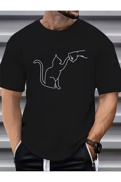 LELVANİ تي شيرت مطبوع عليه رسومات قطة بيضاء ورسومات مطبوعة على شكل مقبض