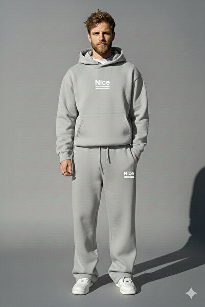 NİCE Printed Oversized Baggy Tracksuit Set-Winter Thick 3-Thread Fleece-Lined Wide Leg Sweatpants-Top and Bottom Set