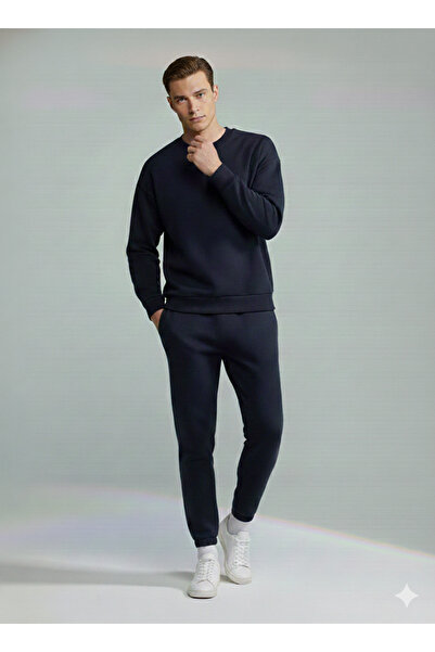 RABTEKS Men's Navy Blue Crew Neck Wide Fit Basic Thick Fleece Lined Tracksuit...