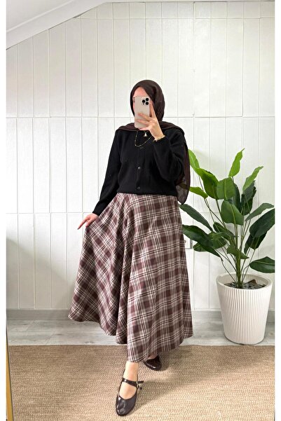MİREL BUTİK Elite Women's Plaid Patterned Winter Flared Skirt