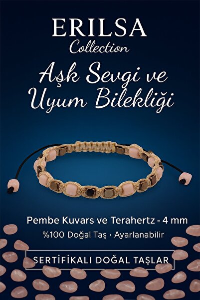 Erilsa Certified Love, Affection, and Harmony Bracelet – Pink Quartz and Terahertz Natural Stone 4 mm Adjustable