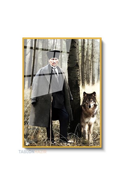 tablonhazır Dikey Çerçeveli Cam Ataturk Ve Kurt Modern Ev Dekoru Duvar Sanatı...