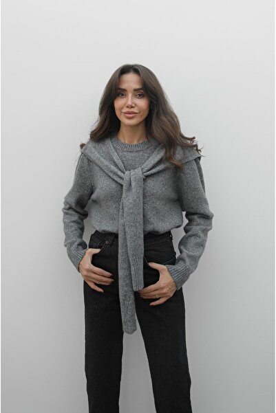 Havoş Gray Sweater with Scarf Detail
