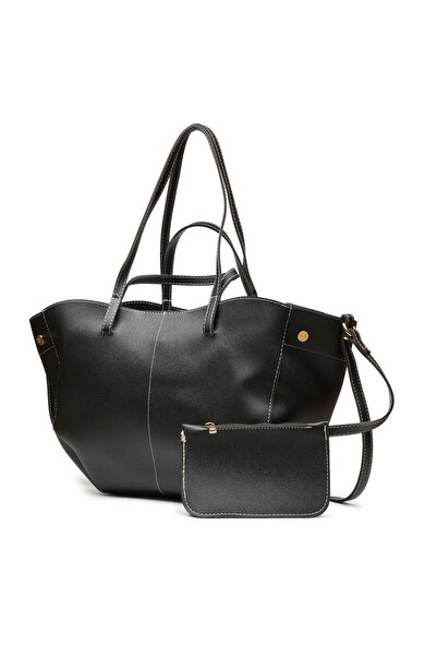 LOTUSVİE Beyaz Dikişli Siyah Kadın Tote El ve Omuz Çantası