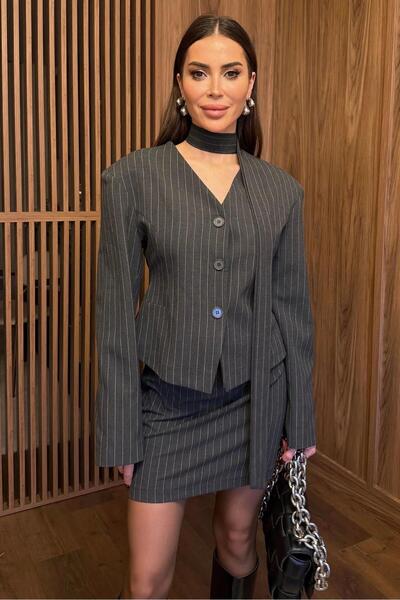 FMN Collection Similar Design Striped Collar Belted Buttoned Waist-Fitting Bl...