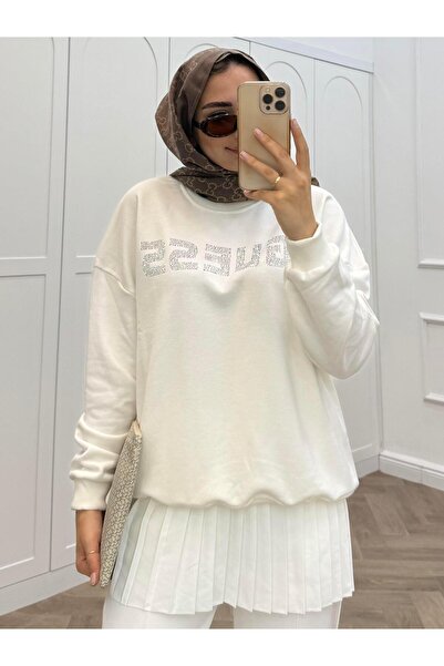 KÜBRA Taş Detaylı Oversize Sweat - Beyaz