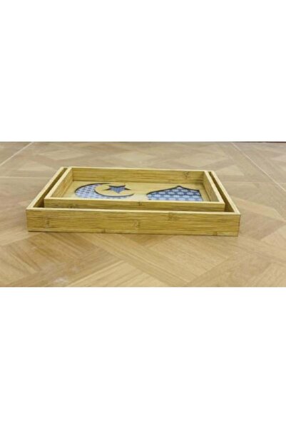 Generic Ramadan Kareem Elegant Wooden Tray Set with Glass Base, 2 Pieces