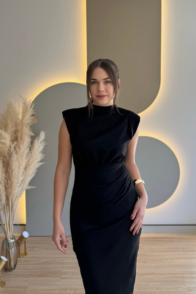 Aventien Vatkalı Drapeli Süet Siyah Midi Elbise